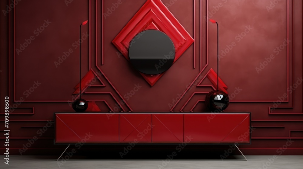 Red Room With TV stand, A Contemporary Interior Design, Art Deco Style