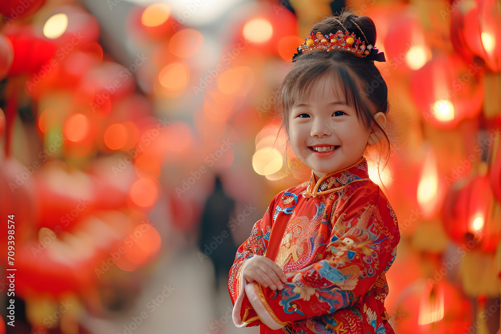 Little Girl Celebrating Chinese New Year in Traditional Festive Chinese Attire Little Girl Celebrating Chinese New Year in Traditional Festive Chinese Attire