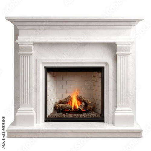 White Fireplace With Inviting Fire, A Cozy and Warm Hearth for Cold Winter Nights, Isolated on a white background