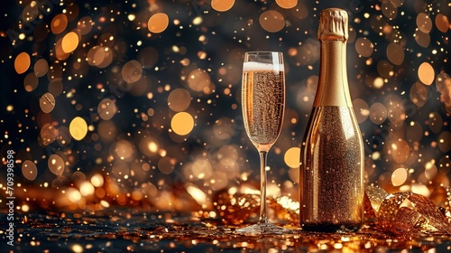 Two glasses and a bottle of champagne for new year or an anniversary.