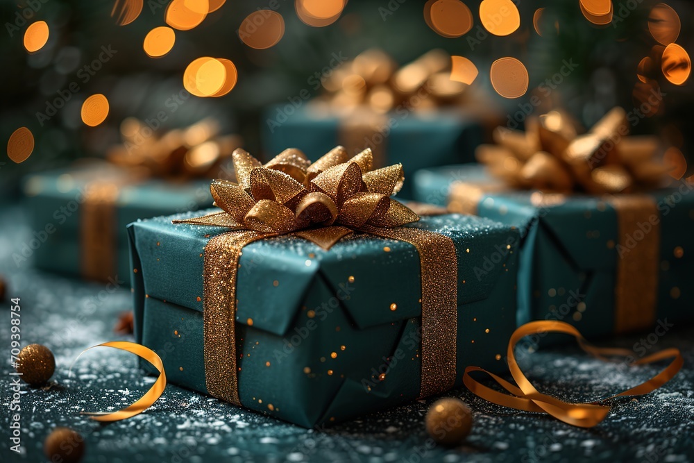 Banner with many gift boxes tied velvet ribbons and paper decorations on dark background. Banner with many gift boxes tied velvet ribbons and paper decorations on dark background.