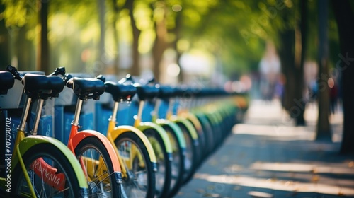 Closeup of a bikesharing station with bright colored bicycles lined up in perfect rows.