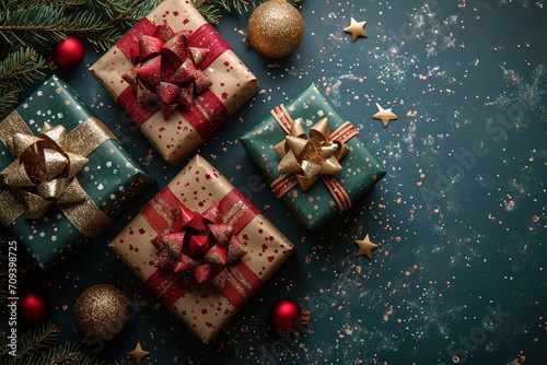 Banner with many gift boxes tied velvet ribbons and paper decorations on dark background.