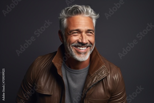 Handsome mature man with grey hair and beard wearing brown leather jacket.