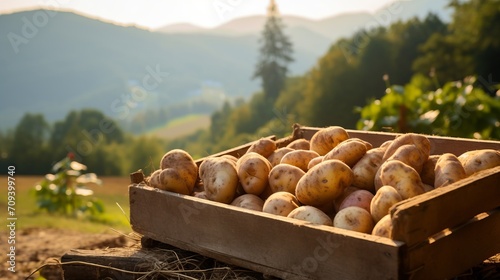 Vibrant and abundant potato harvest growing on a sun drenched summer day at a thriving plantation.