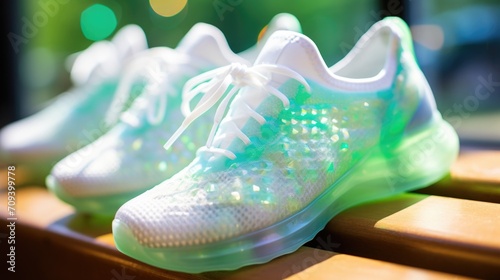 Closeup of a pair of sneakers made from recycled plastic bottles, emphasizing their innovative and ecoconscious construction. photo