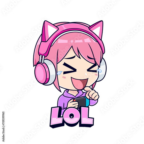 Gamer girl laughing face expression mascot logo sticker