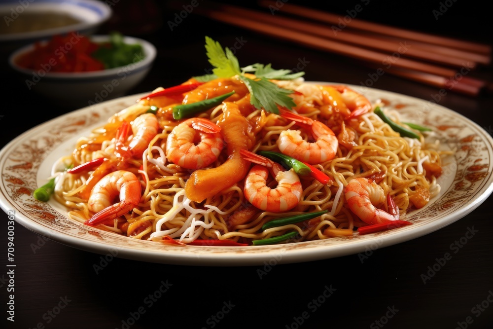 Chinese noodles with shrimp, vegetables, and sauce on plate