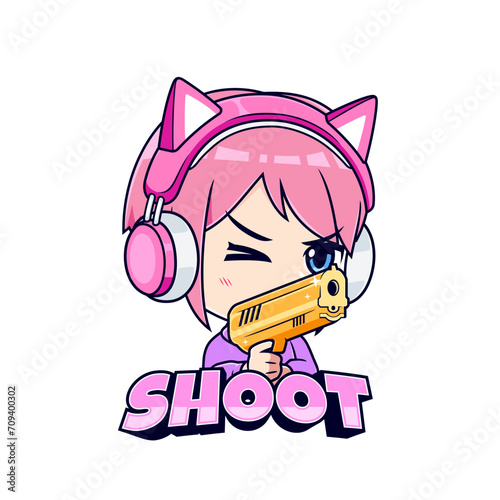 Gamer girl shooter pointing a gun sticker mascot logo vector