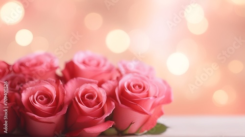 pink roses on light pink background and bokeh with copy space. Valentines day  birthday or anniversary.