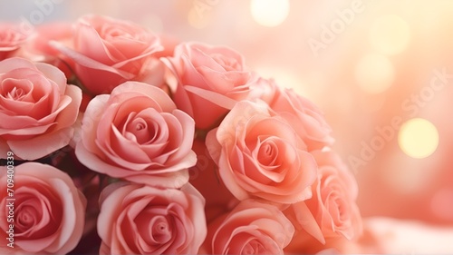 pink roses on light pink background and bokeh with copy space. Valentines day  birthday or anniversary.