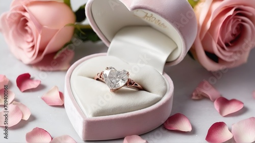 Luxurious velvet box holding a sparkling heart-shaped diamond ring, with soft rose petals scattered around. #709400368