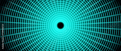 Neon blue glowing wireframe tunnel. Turquoise wormhole in deep space with stars. Grid tunnel in perspective. Funnel or portal illusion. Circular mesh structure tube. Vector optical art illustration