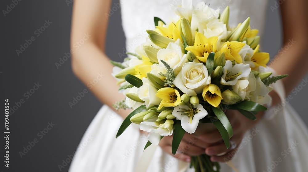 Exquisite bridal bouquet filled with an assortment of stunning flowers gracefully held in hands Exquisite bridal bouquet filled with an assortment of stunning flowers gracefully held in hands