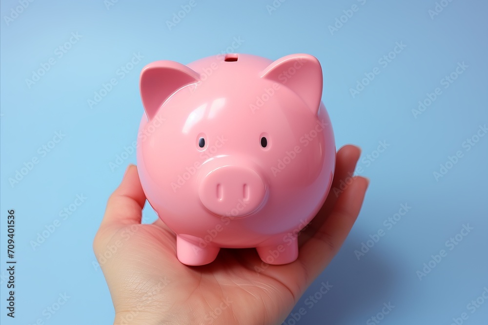 Pink piggy bank with coins in hands on solid color background   financial concept and savings symbol
