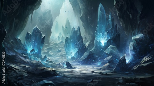 Glowing crystals emerging from a rocky cavern © UMAR_ART
