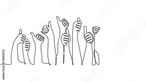 Continuous one line animation. Hand drawn animated motion graphic element of many giving thumbs up .Concept of many people congratulating the winner and giving his thumbs up. 4k videos photo