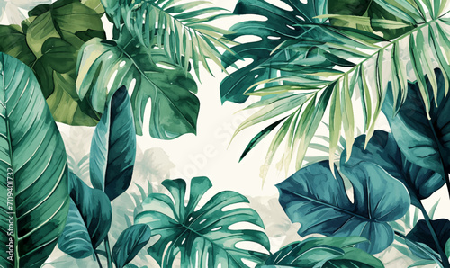 Exotic watercolor tropical leaves and plants background #709401732