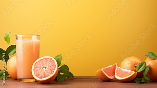 Fresh grapefruit juice in glass on wooden table with vibrant orange background for text placement