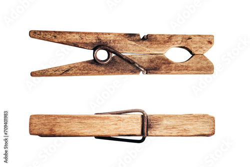 Isolated photo of old wooden clothes pin on white background.