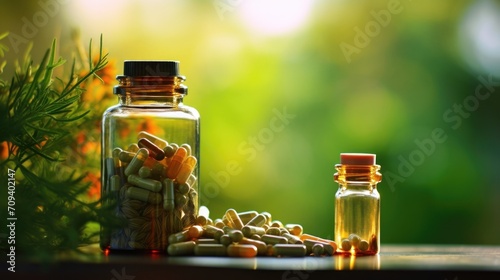 Closeup of a bottle of herbal supplements, emphasizing the rise of alternative, natural remedies for health concerns.