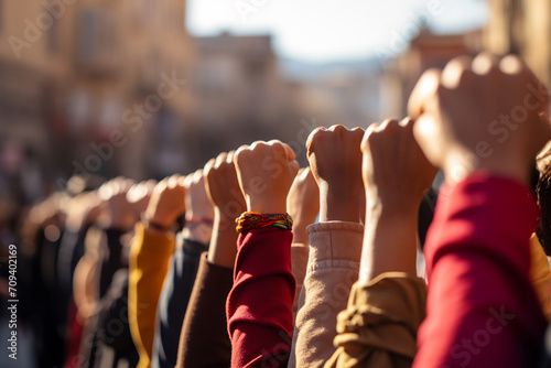 Close up of United Hands Raised in Solidarity at a Public Demonstration, Unity and Community Strength Concept photo