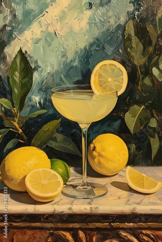 Lemon cocktail, watercolor drawing, vertical. Generative AI