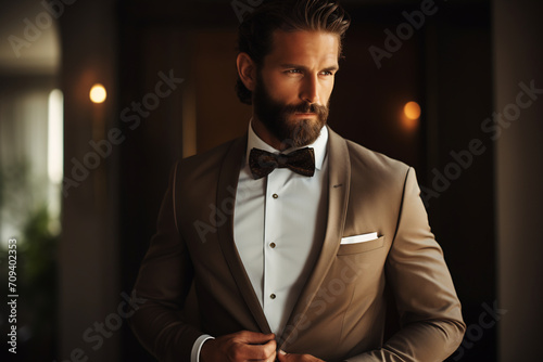 Close up of Elegant Bearded Man in Brown Suit with Satin Bow Tie and Pocket Square, Luxury Fashion and Grooming Concept