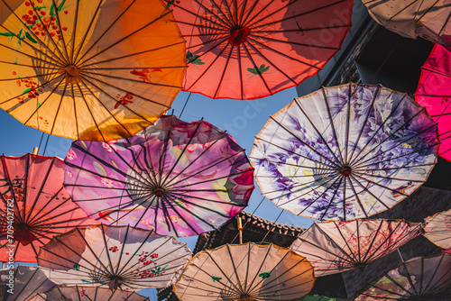 Vibrant colorful Chinese style umbrellas at the umbrella street in Hohhot  China