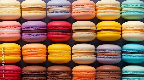 Colorful macarons cake, top view flat lay, minimalist macaroon pattern, food background. photo