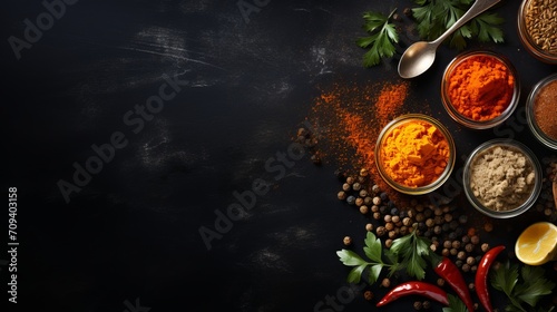 Vibrant turmeric powder in spoon on black stone surface with copy space for food and spice concepts