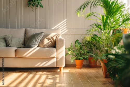 Sala de estar inspirado na natureza, com sofá claro, muita entrada de luz e plantas para completar a decoração. photo