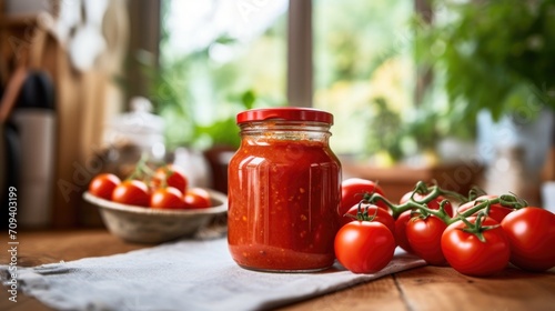 Closeup of a jar filled with homemade tomato sauce, made from freshly picked organic tomatoes by a family in their kitchen.