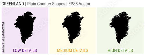 Greenland - plain country shapes. Low, medium, and high detailed maps of Greenland. EPS8 Vector illustration.
