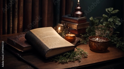 book with christmas tree and candle