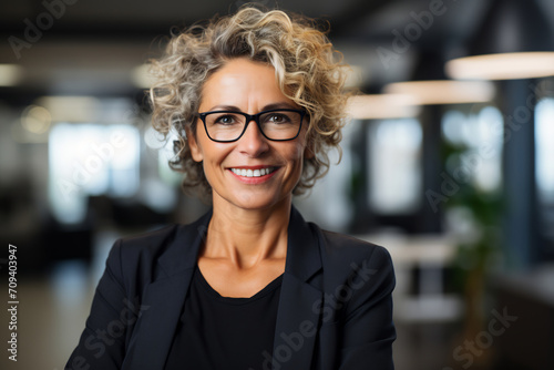 Confident Businesswoman with Glasses in Modern Office Space, Professional Leadership and Success Concept photo