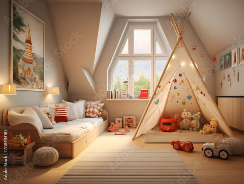 A cozy indoor den filled with a colorful tent and playful toys, complete with plush pillows, a comfortable couch, and a versatile sofa bed, all surrounded by stylish interior design elements and ador photo