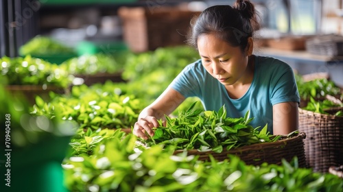 Beautiful smiling chinese woman picking tea leaves in a sunlit field on a bright summer day