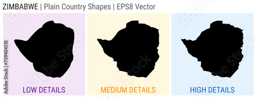 Zimbabwe - plain country shapes. Low, medium, and high detailed maps of Zimbabwe. EPS8 Vector illustration.