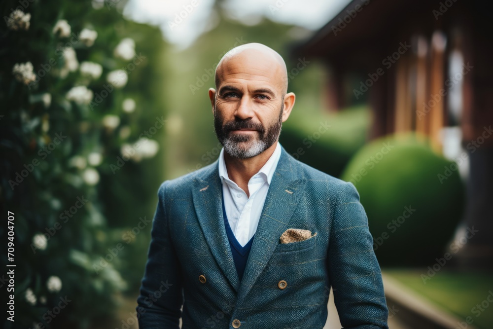 Portrait of a handsome mature man with beard and mustache, dressed in a classic suit, posing outdoors. Portrait of a handsome mature man with beard and mustache, dressed in a classic suit, posing outdoors.