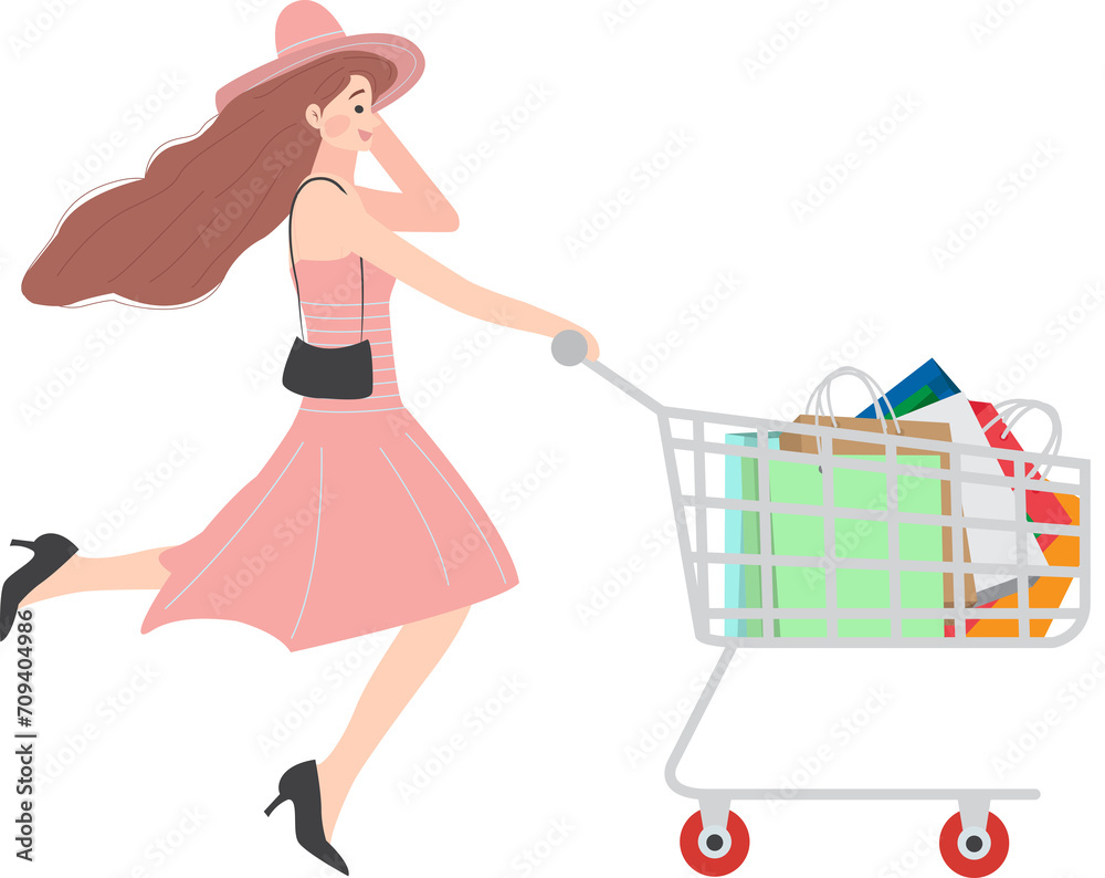 Woman shopping while running holding a shopping cart Woman shopping while running holding a shopping cart