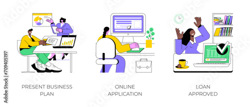 Small business loan isolated cartoon vector illustrations set. Present business plan, online application for startup capital, loan approval, credit score, debt agreement vector cartoon.