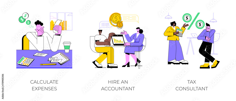 Small business finance management isolated cartoon vector illustrations set. Calculate expenses, hire an accountant and tax consultant, money management, financial security vector cartoon.
