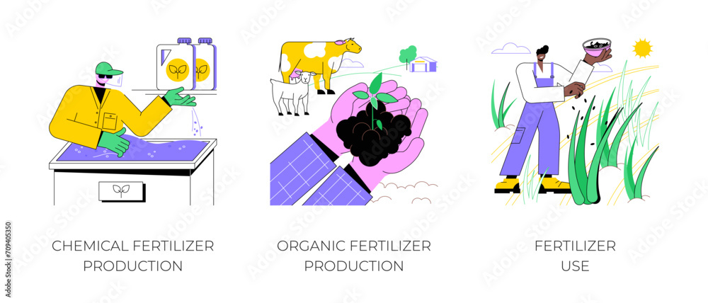Use of fertilizers isolated cartoon vector illustrations set. Chemical crop fertilization, organic production, farmer throwing manure into the ground, natural nutrient, agriculture vector cartoon.