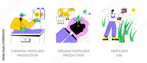 Use of fertilizers isolated cartoon vector illustrations set. Chemical crop fertilization, organic production, farmer throwing manure into the ground, natural nutrient, agriculture vector cartoon.