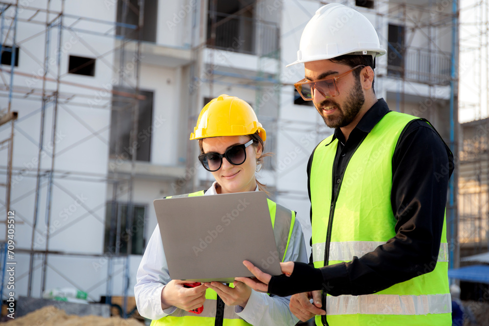 Team of architect or engineer looking laptop for inspection and planning construction at construction site, contractor or builder examining and checking project development house, industry concept. Team of architect or engineer looking laptop for inspection and planning construction at construction site, contractor or builder examining and checking project development house, industry concept.