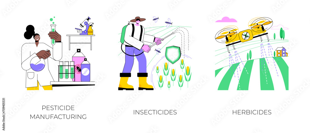 Use of pesticides isolated cartoon vector illustrations set. Manufacturing chemical fertilizers in laboratory, farmer spraying insecticides, kill unwanted plants with herbicides vector cartoon.