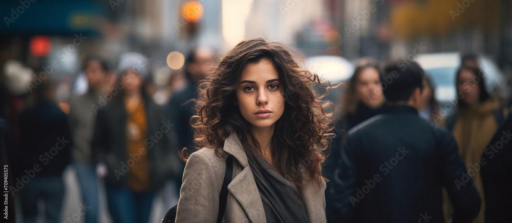 Portrait of Beautiful Young Woman Walking Alone in Busy City Street with Crowd Blur Background