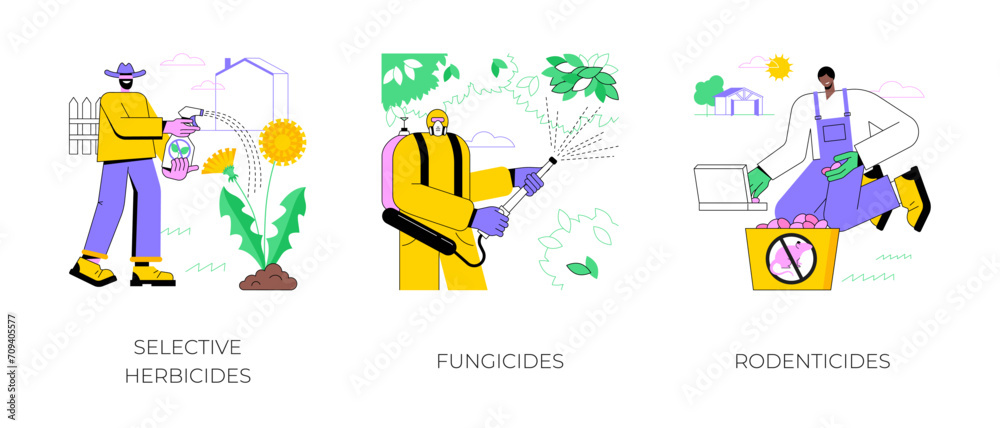 Crops treatment isolated cartoon vector illustrations set. Selective herbicides use, farmer in protective wear spraying plants with fungicides, rodenticides for pest control vector cartoon.