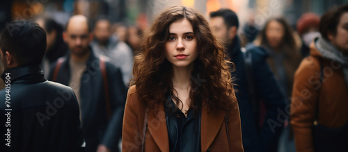 Portrait of Beautiful Young Woman Walking Alone in Busy City Street with Crowd Blur Background